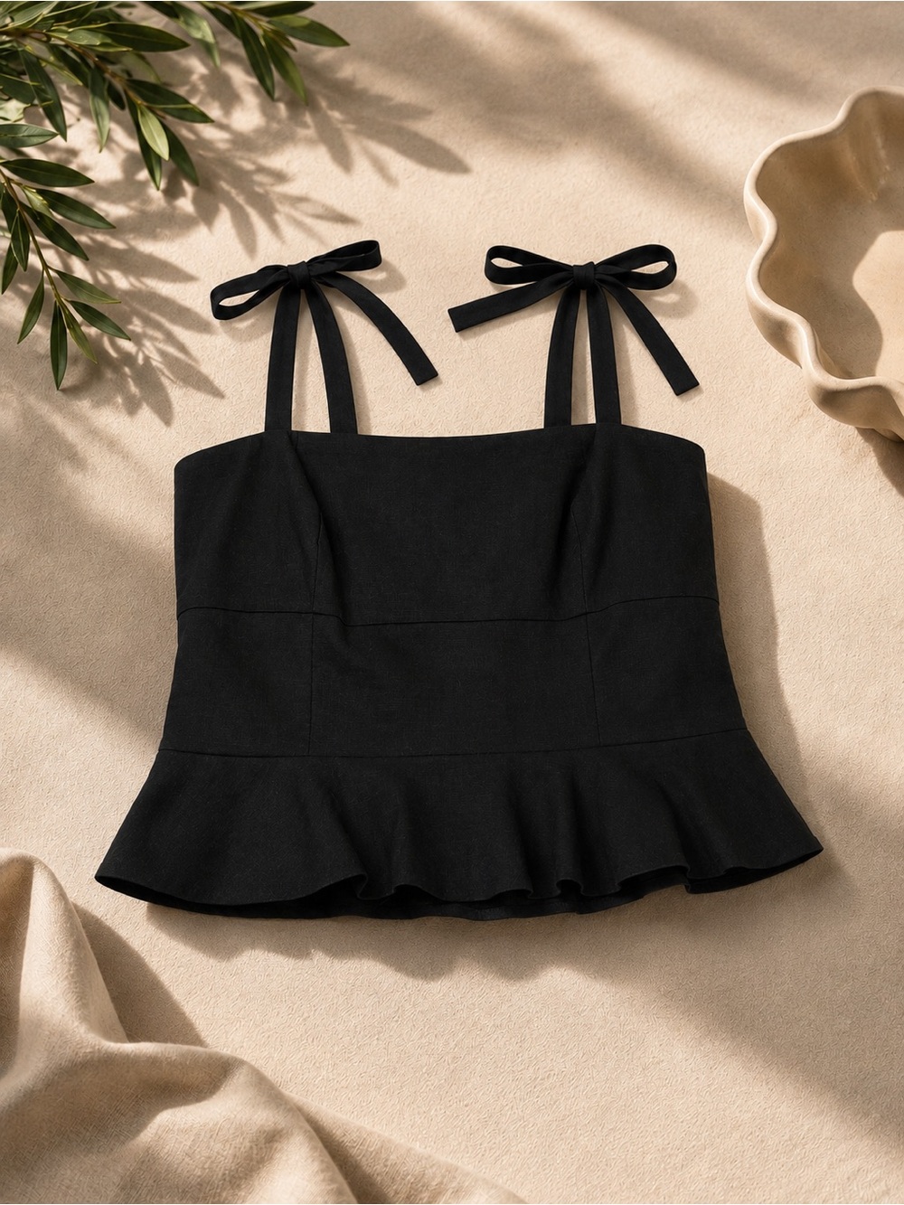 Black Tie-Shoulder Peplum Camisole